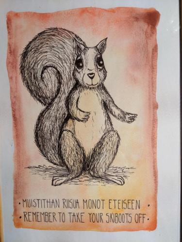 a drawing of a squirrel and a rabbit at Tunturioravat in Äkäslompolo
