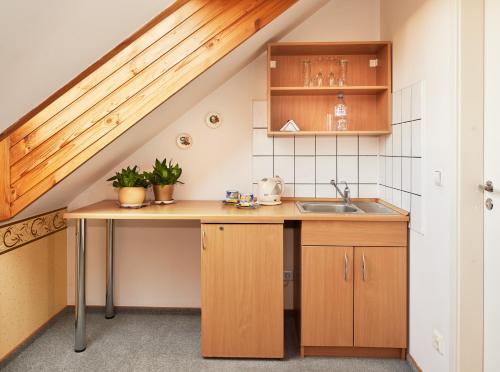 a kitchen with wooden cabinets and a sink at Angel Town Hall Apartments in Vilnius