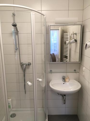 W łazience znajduje się prysznic, umywalka i lustro. w obiekcie AJO Apartments - Alte Donau Terrace Studio - Self-Check-in w Wiedniu