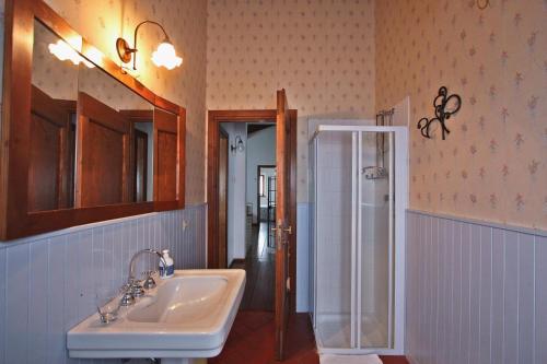 un baño con lavabo y ducha en Villa Monica, en San Costanzo