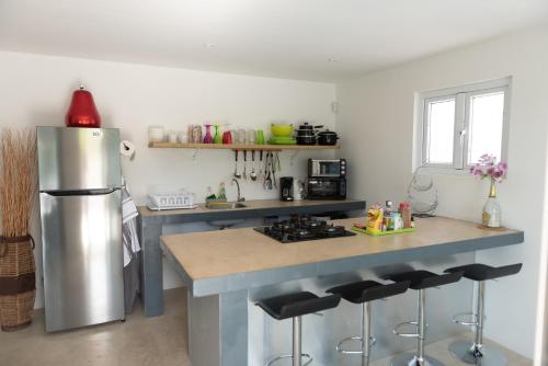 a kitchen with a stainless steel refrigerator and a counter at Sunny Hill Apartment in Willemstad