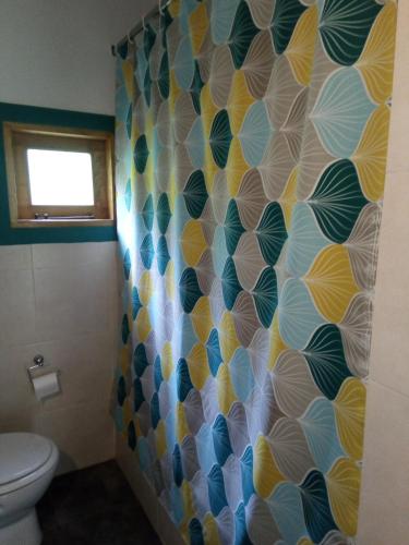 a bathroom with a toilet and a colorful wall at Cabaña Acacia Mansa in Villa Giardino