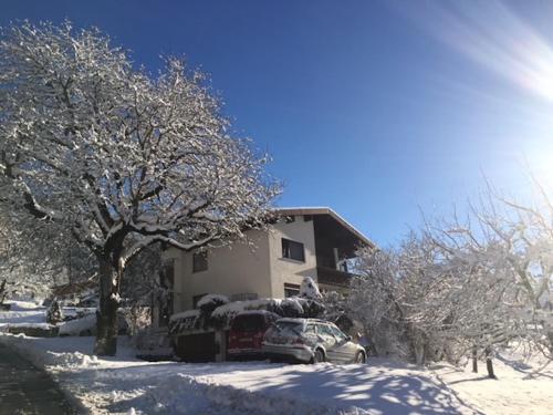een huis met een auto in de sneeuw bij Appartements Zint in Sankt Gallenkirch