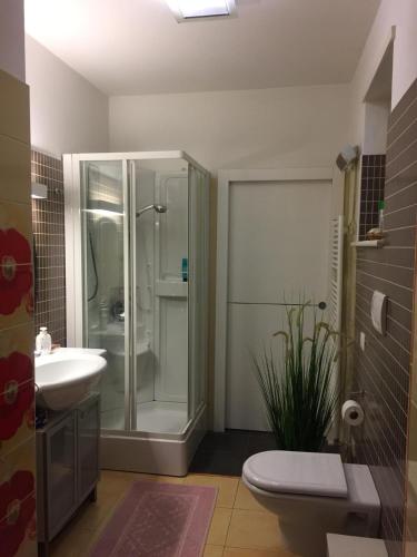 a bathroom with a shower and a toilet and a sink at Trento Small View in Trento