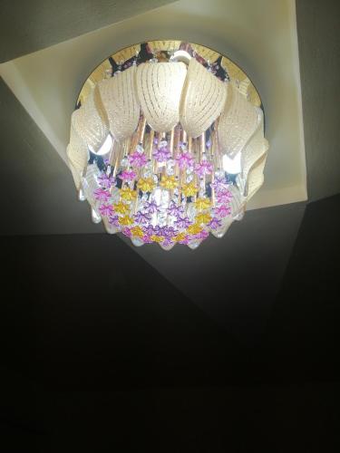 a chandelier with flowers hanging from a ceiling at Casa Ovi și Simo in Haţeg