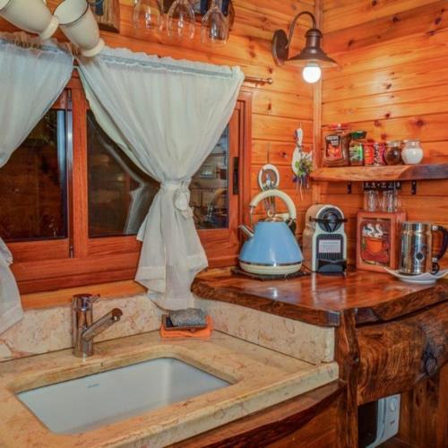 a kitchen counter with a sink in a cabin at צימר בגליל אביב בבקתה in Galilee