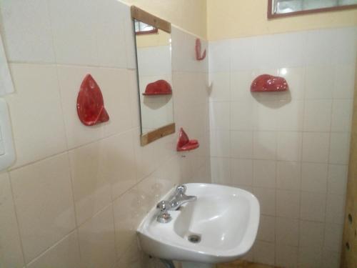 ein Badezimmer mit Waschbecken und roten Lippen an der Wand in der Unterkunft La Neofita in Mina Clavero