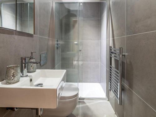 a bathroom with a toilet and a sink and a shower at Central Tower Bridge Apartment in London