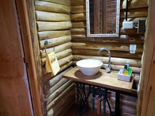 a bathroom with a sink in a wooden wall at Cabaña El Refugio in Open Door