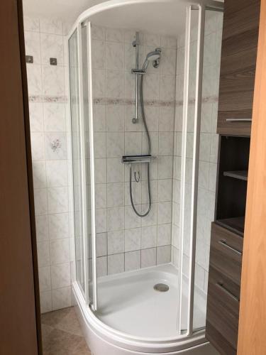 a shower with a glass door in a bathroom at Ferienwohnung Hendrich Sotterhausen in Allstedt