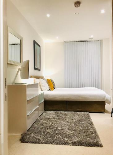 a bedroom with a bed and a sink and a mirror at Luxury Lodge Excel London in Moffat