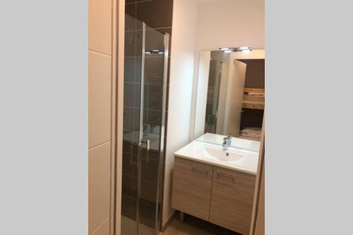 une salle de bain avec un lavabo et une douche dans l'établissement Les Cristaux de La Plagne APPARTEMENT 8 personnes LODGES A505, à La Plagne Tarentaise