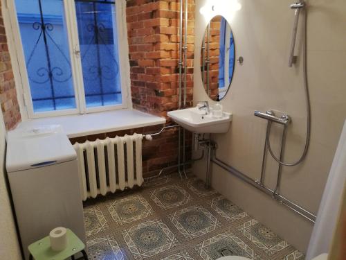 Baño pequeño con lavabo y espejo en Old Town Charm TLN, en Tallin