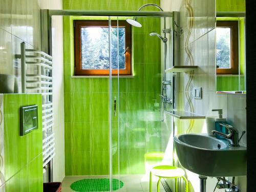 uma casa de banho verde com um lavatório e um chuveiro em OSADA WASYLÓWKA em Laskowa