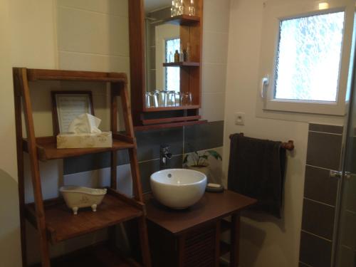 a bathroom with a bowl sink and a mirror at Chambre d'Hôtes Hola in Laval