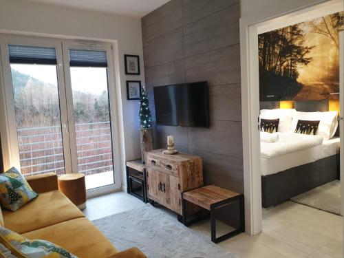 Televízia a/alebo spoločenská miestnosť v ubytovaní Apartament Zaczarowany Las - 5D Apartamenty