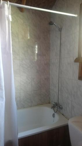 a bathroom with a tub and a shower with a shower curtain at Cabaña Río Cochamó in Cochamó