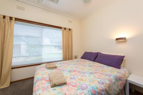 a bedroom with a bed with purple pillows and a window at Indigo Vineyard Farmstay in Beechworth