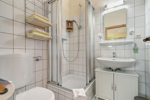 La salle de bains est pourvue d'une douche, de toilettes et d'un lavabo. dans l'établissement Haus Am Wald, à Ahlbeck