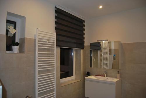 a bathroom with a sink and a window and a mirror at Au sommet de la cascade in Stavelot