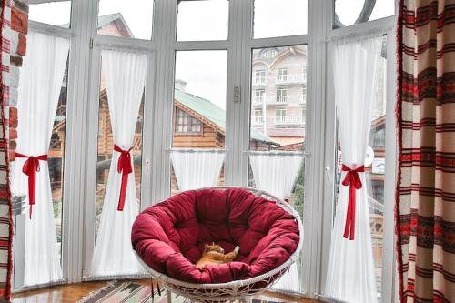a dog laying in a red dog bed in a window at Грибова хата in Bukovel