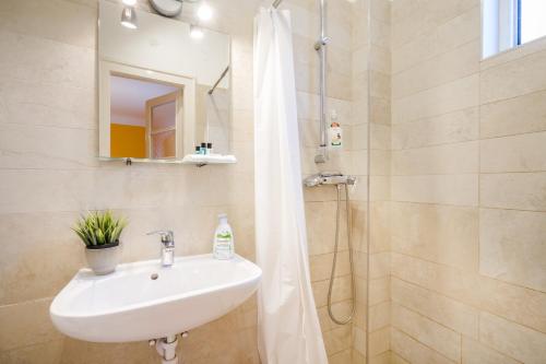 une salle de bain avec lavabo et douche dans l'établissement BpR Cercle Point Apartment, à Budapest