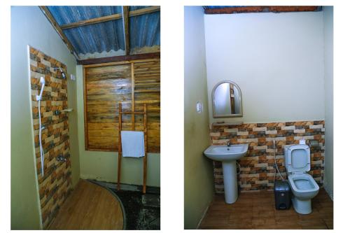 two pictures of a bathroom with a toilet and a sink at Pearl Inn Green in Nilaveli