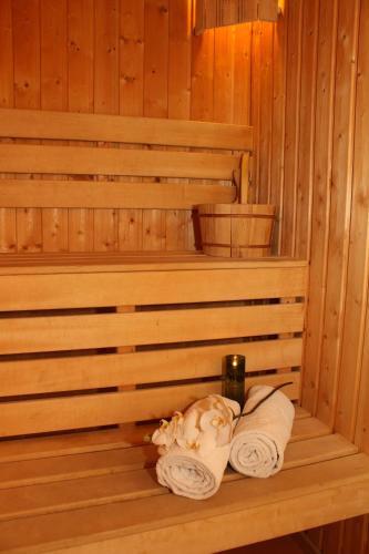 two towels sitting on a shelf in a sauna at Business Hotel Premier in Veliko Tŭrnovo