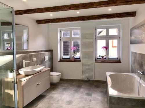uma casa de banho com uma banheira e um lavatório e uma banheira em Mountain apart Ferienwohnungen im Harz em Wernigerode