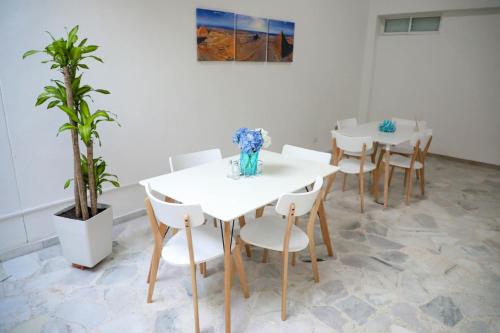 tavolo e sedie bianchi in una stanza con una pianta di HOTEL BELEN-La Flora- Cali Valle del Cauca a Cali
