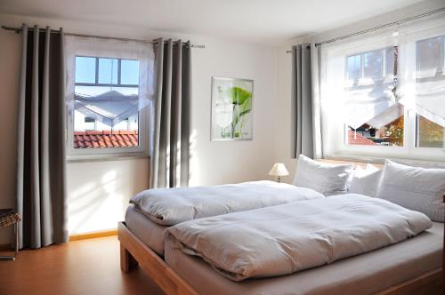 two beds in a bedroom with two windows at Ferienwohnung Anderl in Reischenhart
