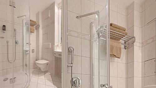 a bathroom with a shower and a toilet and a sink at Hotel Victoria in Bad Kreuznach