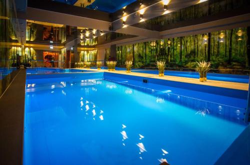 a large swimming pool with blue lighting in a building at Srebrny Bucznik Wellness & Restaurant in Istebna