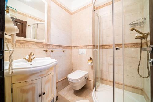 a bathroom with a toilet sink and a shower at Penzion Kiska Kežmarok in Kežmarok