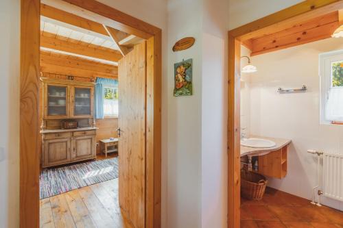 een badkamer met een wastafel en een spiegel bij Alpine Cabin in Klippitztorl