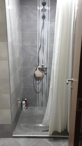 a shower with a shower curtain in a bathroom at Apartments in city center in Kumanovo