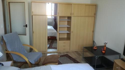 uma sala de estar com uma cama, uma cadeira e uma secretária em 2.Flat for 2 people, WiFi em Ostrava