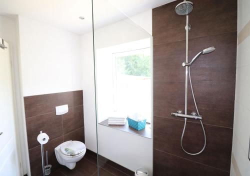 a bathroom with a glass shower with a toilet at Ferienhaus geStRanDeT in Satow