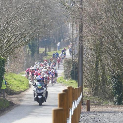 a large group of people riding bikes down a road at La Garonde in Berthen