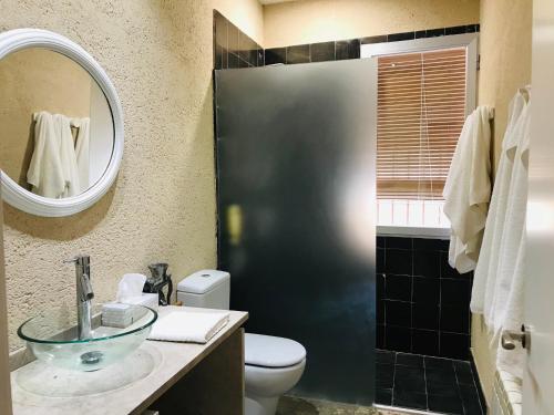 Corral de CalatravaにあるCasalaabuelainesのバスルーム(洗面台、トイレ、鏡付)