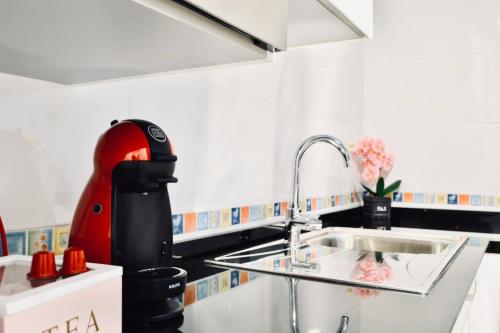 a kitchen with a sink and a red appliance at Evaleta in Monachil