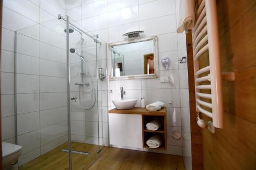 a bathroom with a glass shower and a sink at Apartamenty Rogowcówka in Biały Dunajec