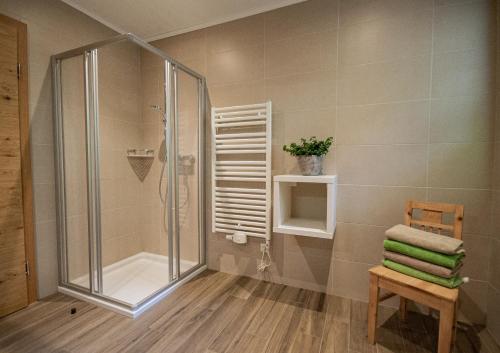 a bathroom with a shower and a chair and a glass shower stall at Nagelehof in Navis