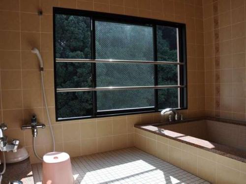 松山市にあるホテル泰平のバスルーム(バスタブ、トイレ付)、窓が備わります。