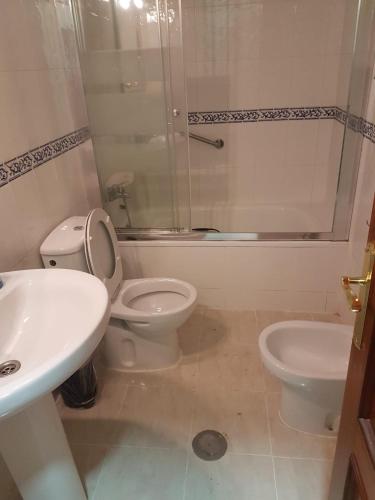 a bathroom with a toilet and a sink and a shower at CENTRICO Y LUMINOSO CON 2 DORMITORIOS. A/C + WIFI in Seville