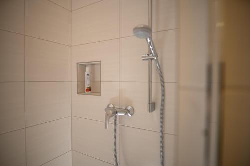 a shower with a shower head in a bathroom at Hotel Hanseat Stralsund in Stralsund