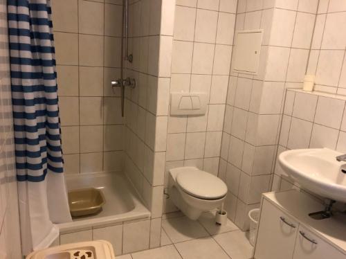ein weißes Bad mit einem WC und einem Waschbecken in der Unterkunft Ferienwohnung Uniklinik Mainz in Mainz