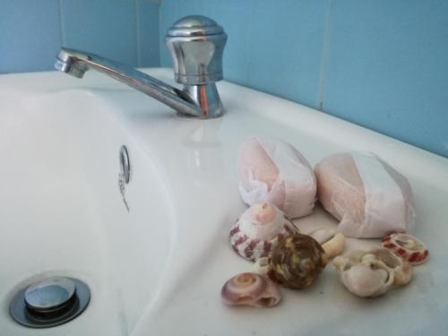 a bathroom sink with seashells and a faucet at Villa Yuvin in Matara