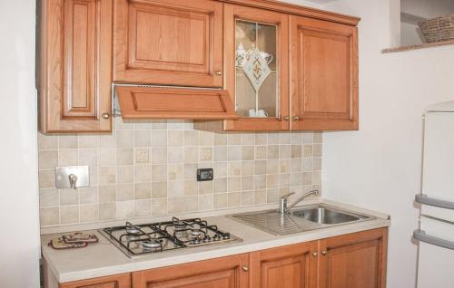 a kitchen with wooden cabinets and a stove top oven at Agriturismo Mannaioni in Volterra