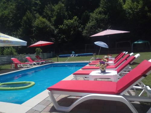 a group of chairs and umbrellas next to a pool at Casuta Didi in Brezoi